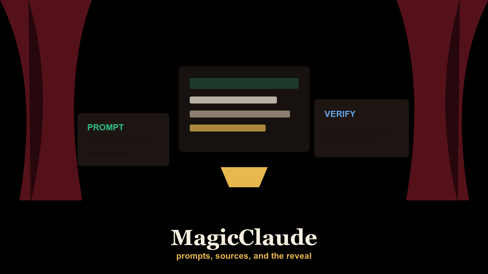A theatrical stage with a spotlight, curtain, and floating prompt cards